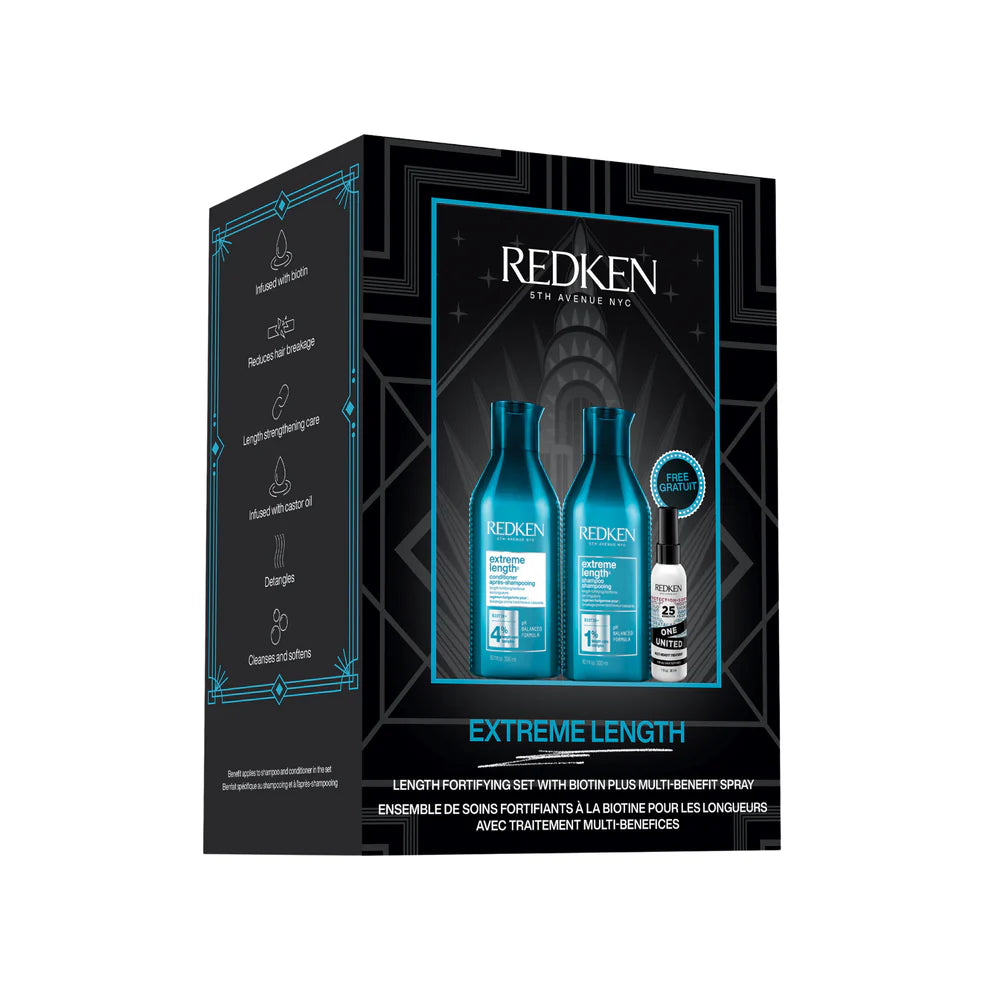 Coffret Redken Extreme Length avec shampooing 300 ml, revitalisant 300 ml et spray One United 30 ml, dans un emballage bleu et noir élégant.