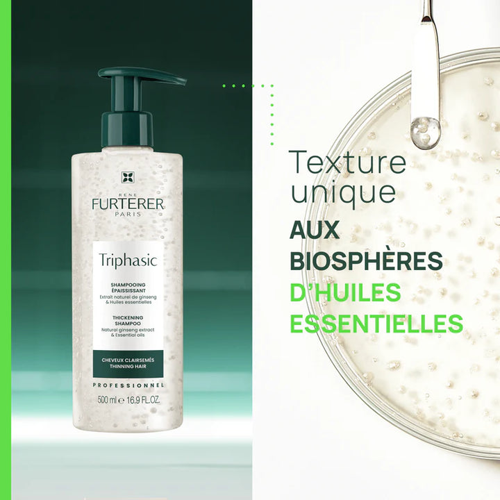 Flacon pompe shampoing René Furterer Triphasic 500 ml transparent avec billes visibles, capuchon vert, fond vert dégradé professionnel