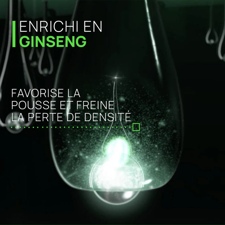 Visuel scientifique avec bulbe capillaire lumineux et mention enrichi en ginseng, illustration croissance cheveux et stimulation du cuir chevelu