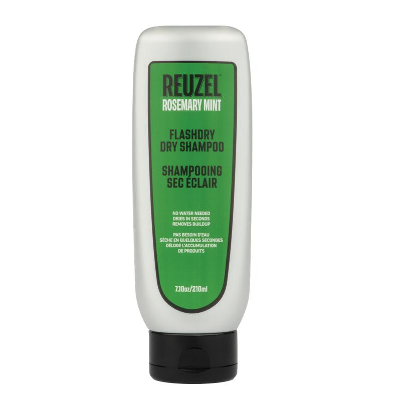 Tube de 210 ml de shampoing sec Reuzel Flashdry, au design métallique et vert, bouchon noir, étiquette bilingue anglais/français, romarin et menthe.