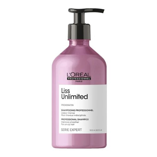 Shampoing lissant 500 ml  anti-frisottis Liss Unlimited de L'Oréal Professionnel Serie Expert, soin capillaire à la Pro-Kératine et à l'huile de kukui pour cheveux indisciplinés.