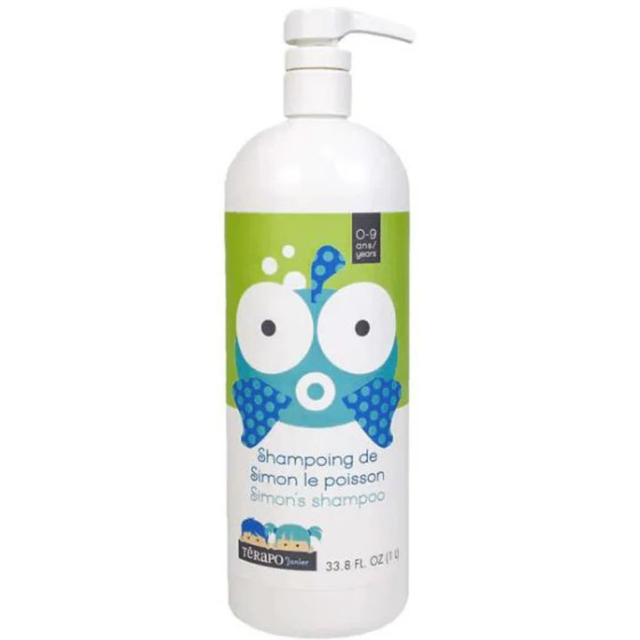 Bouteille de shampoing pour enfant Térapo Junior, décorée d’un poisson bleu aux grands yeux sur fond vert, adaptée aux enfants de 0 à 9 ans.