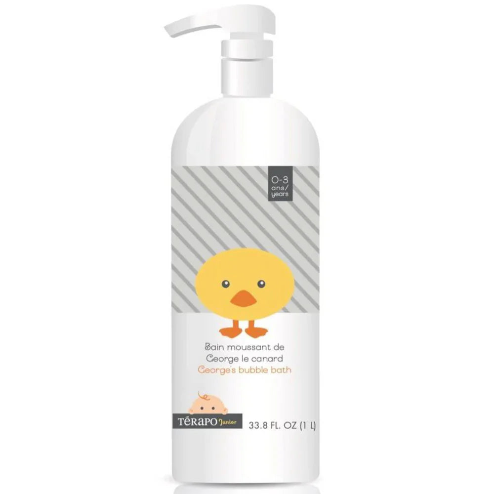 Bouteille blanche de bain moussant pour bébé avec une illustration de George le canard jaune 🐥, conçue pour les enfants de 0 à 3 ans. Produit naturel signé Térapo Junior.