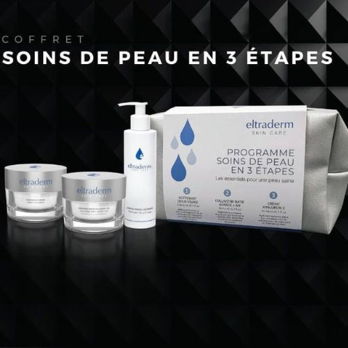 Coffret Eltraderm Soins de peau en 3 étapes présenté sur fond noir élégant, comprenant une trousse grise et trois produits : une mousse nettoyante en flacon pompe blanc, une crème hydratante et un soin de nuit en pots transparents avec couvercles argentés. Produits de soins visage pour peau saine et hydratée.