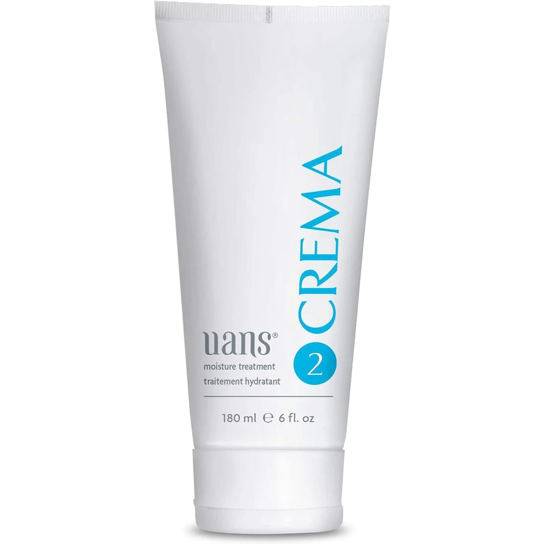 Tube de 180 ml du traitement hydratant Uans CREMA n°2, au design épuré blanc avec inscription bleue, bouchon blanc mat, posé sur fond blanc. Soin capillaire professionnel pour cheveux secs et cassants, formule réparatrice et nourrissante.