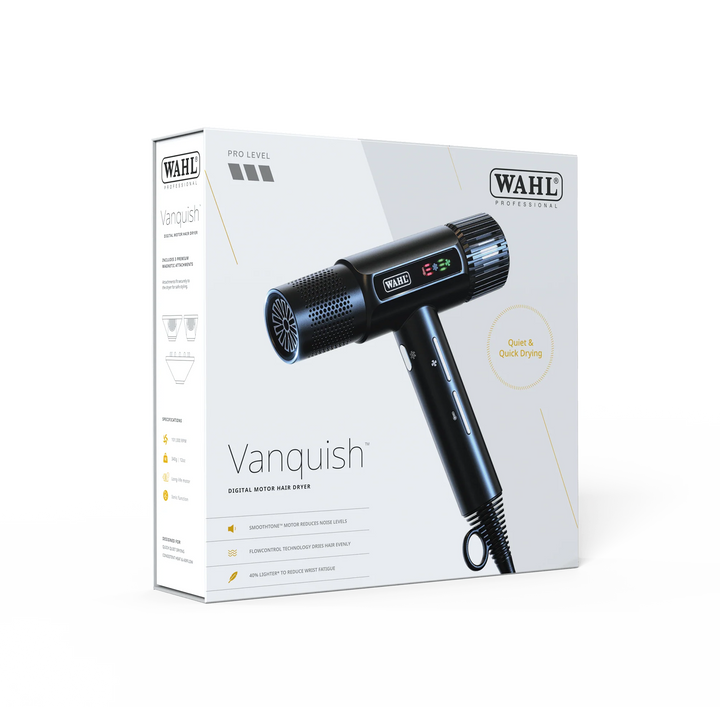 Boîte du séchoir WAHL Vanquish avec visuel du sèche-cheveux noir et mention “digital motor hair dryer”, emballage professionnel blanc avec détails techniques.