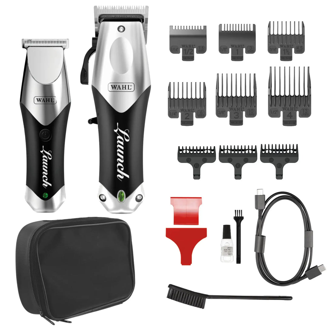 Ensemble complet WAHL Launch Combo avec tondeuse, tondeuse de finition, sabots de coupe, accessoires, câble de recharge et trousse noire sur fond blanc.