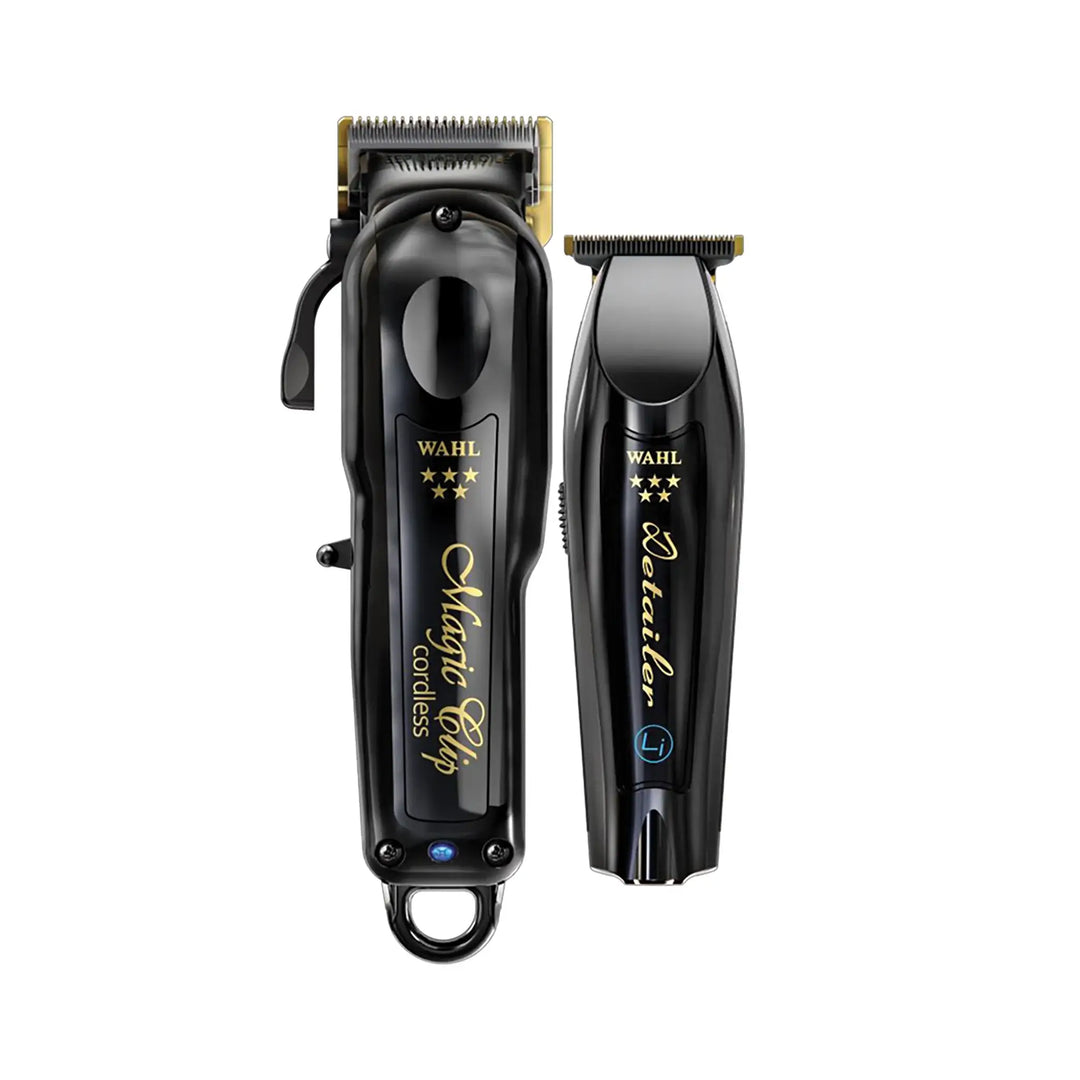 Tondeuses WAHL Magic Clip et Detailer sans fil noir et or, outils professionnels de coupe et finition pour barbier, présentés sur fond blanc.