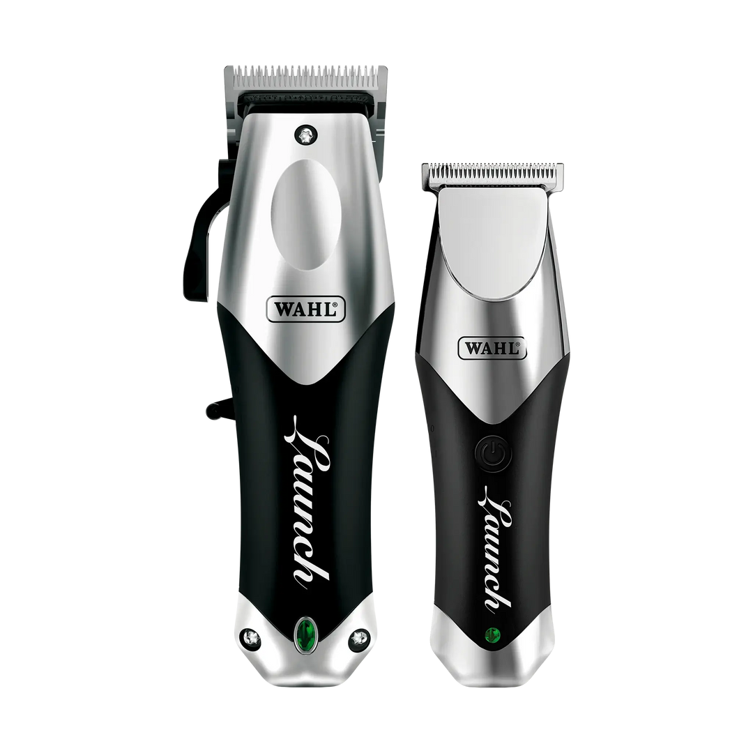 Tondeuse et tondeuse de précision WAHL Launch Combo noir et argent, design ergonomique professionnel pour coupe de cheveux et barbe.