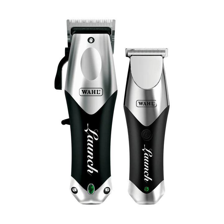 Tondeuse et tondeuse de précision WAHL Launch Combo noir et argent, design ergonomique professionnel pour coupe de cheveux et barbe.