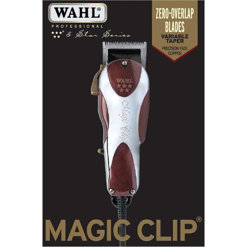 Image promotionnelle de la tondeuse Wahl Magic Clip avec logo 5 Star Series, mention des lames “zero-overlap” et texte “Precision Fade Clipper”, sur fond noir.