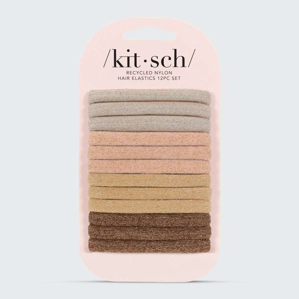 Ensemble de 12 élastiques KITSCH en nylon recyclé à paillettes tons neutres sur emballage beige rosé, accessoires cheveux sans couture avec finition scintillante.