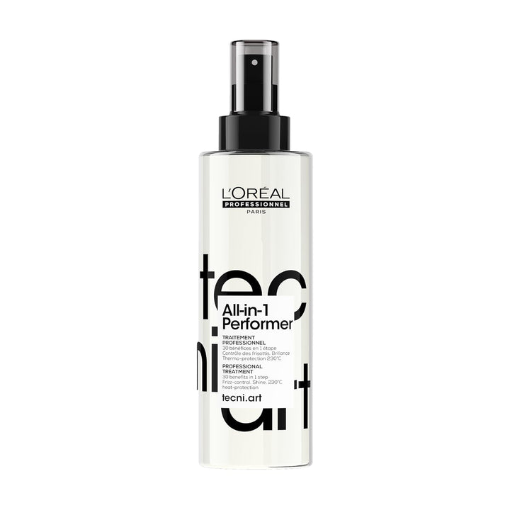 Flacon spray L’Oréal Professionnel Tecni.Art All-in-One Performer blanc avec pompe noire et capuchon transparent, soin coiffant multifonction sur fond blanc