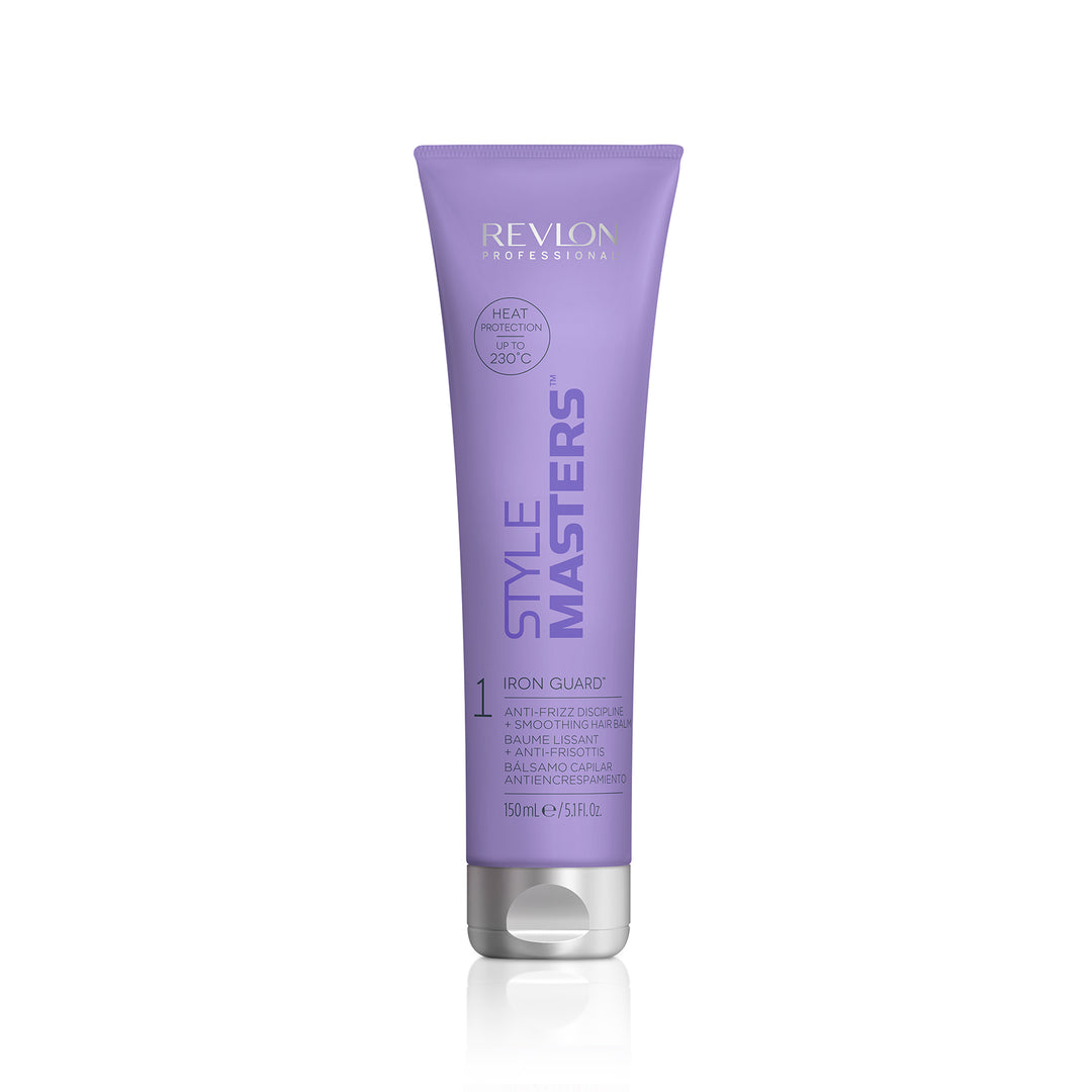Tube mauve REVLON Professional Style Masters Smooth Iron Guard de 150 ml avec protection thermique jusqu’à 230°C sur fond blanc.