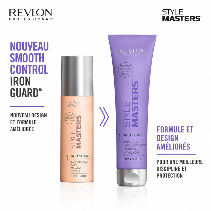 Comparaison entre l’ancienne et la nouvelle formule REVLON Smooth Iron Guard Style Masters avec design amélioré et protection anti-frisottis.