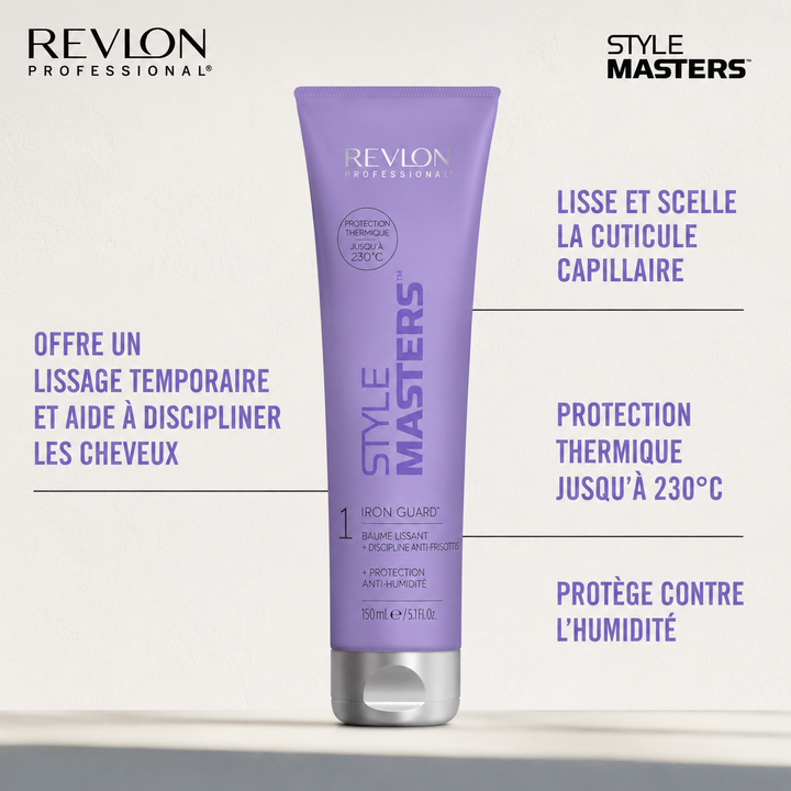 Visuel promotionnel REVLON Style Masters Smooth Iron Guard présentant les bénéfices lissants, anti-frisottis et protection thermique du baume coiffant.