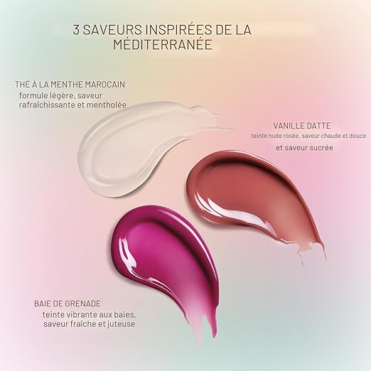 Textures de baumes à lèvres Moroccanoil aux saveurs menthe marocaine, vanille datte et baie de grenade, finis brillants avec teintes naturelles sur fond dégradé.