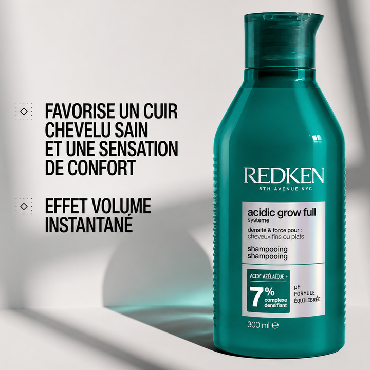 Shampoing Redken Acidic Grow Full en flacon turquoise 300 ml avec étiquette minimaliste, conçu pour apporter volume et densité aux cheveux fins sur fond clair.