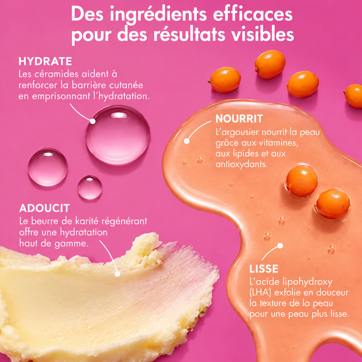 Ingrédients clés du beurre corporel AMIKA Big Embrace : céramides, argousier, beurre de karité et acide lipohydroxy LHA sur fond rose