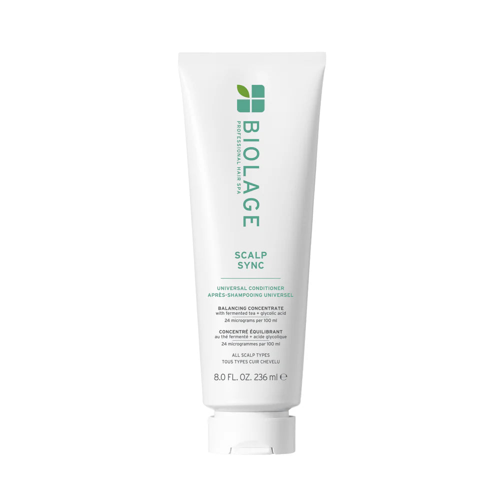 Tube du revitalisant universel Biolage Scalp Sync 236 ml en gros plan, nouvelle version au design épuré blanc et vert.