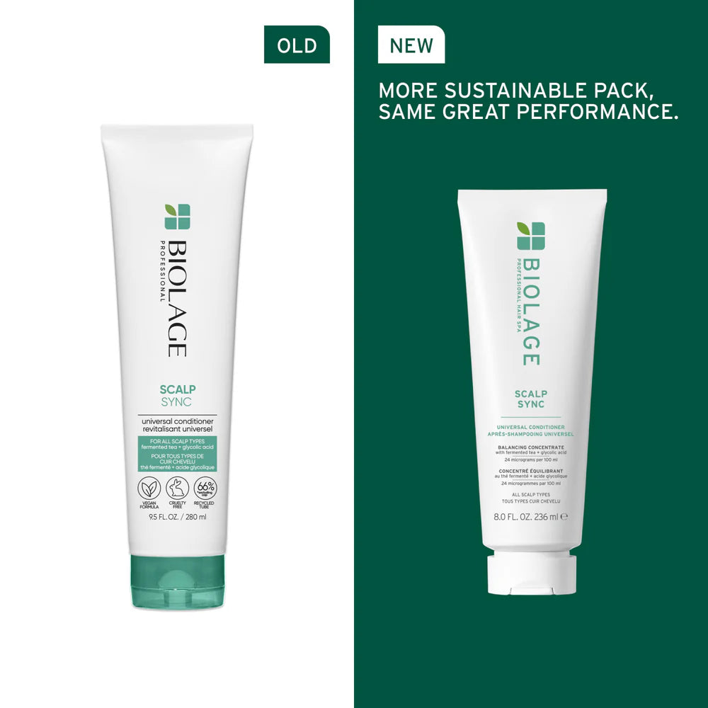 Ancien et nouveau packaging du revitalisant universel Biolage Scalp Sync présentés côte à côte, mettant en valeur la nouvelle version plus durable avec le même rendement professionnel.