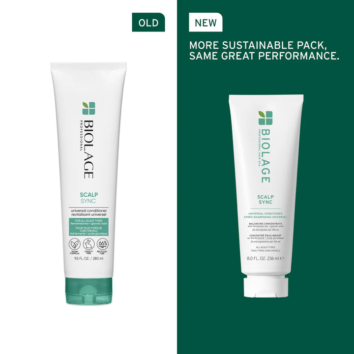 Ancien et nouveau packaging du revitalisant universel Biolage Scalp Sync présentés côte à côte, mettant en valeur la nouvelle version plus durable avec le même rendement professionnel.