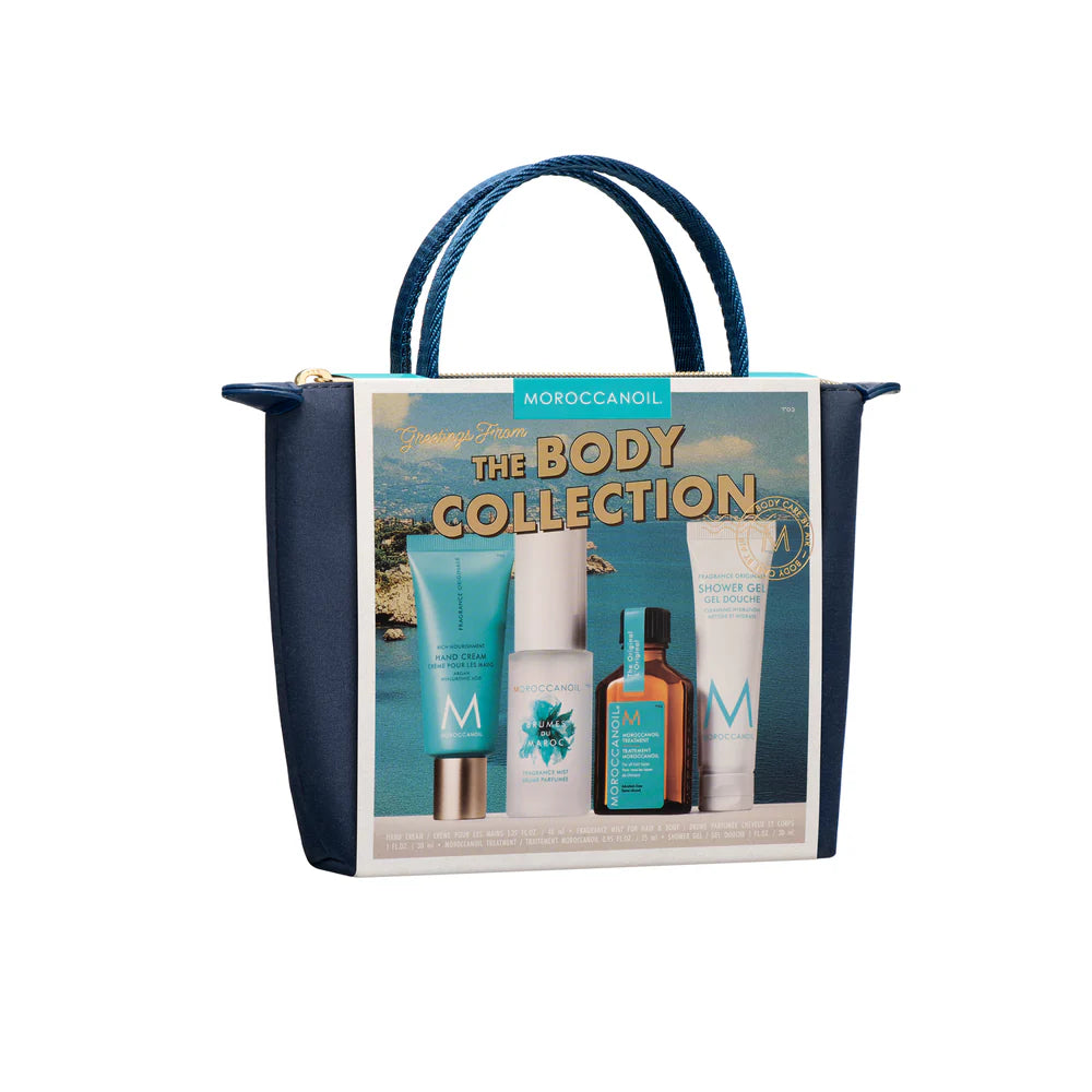 Coffret Moroccanoil The Body Collection avec produits pour le corps présenté dans une pochette bleu marin sur fond blanc.