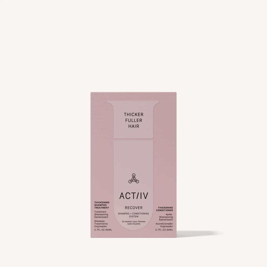 Coffret ACT/IV Recover rose contenant shampoing épaississant et revitalisant pour femmes, packaging minimaliste format 80 ml sur fond clair.