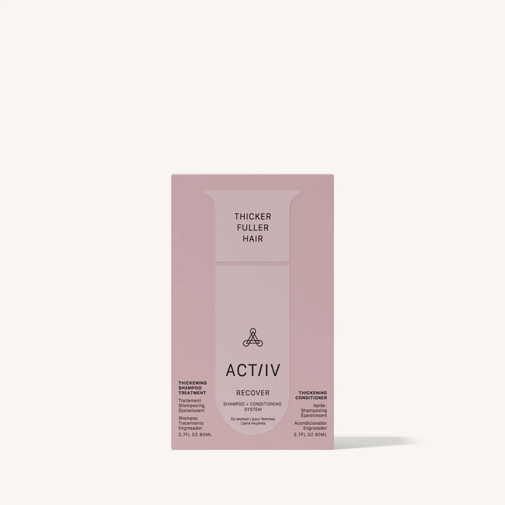 Coffret ACT/IV Recover rose contenant shampoing épaississant et revitalisant pour femmes, packaging minimaliste format 80 ml sur fond clair.