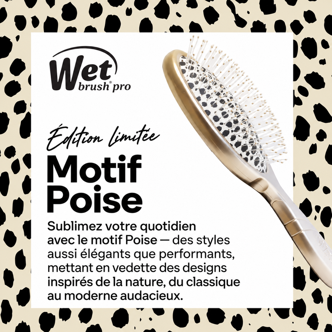 Wet Brush Pro Cheetah édition limitée, brosse démêlante champagne avec coussin à motif animalier noir et blanc et picots souples.