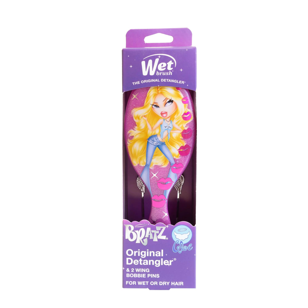 Brosse démêlante Wet Brush Bratz Cloe rose scintillante avec illustration de Cloe et deux pinces argentées en forme d’ailes.