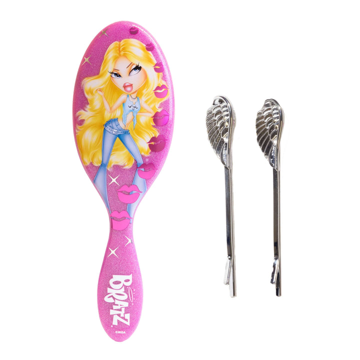 Wet Brush Original Detangler Bratz Cloe rose scintillante avec deux pinces à cheveux ailées, présentée dans son emballage violet.