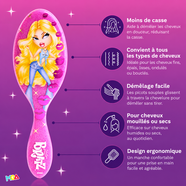 Brosse démêlante Wet Brush Bratz Cloe rose avec présentation des avantages : démêlage facile, moins de casse et cheveux secs ou mouillés.
