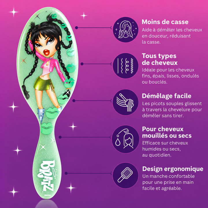Brosse démêlante Wet Brush Bratz Jade vert menthe avec présentation des avantages pour tous types de cheveux.