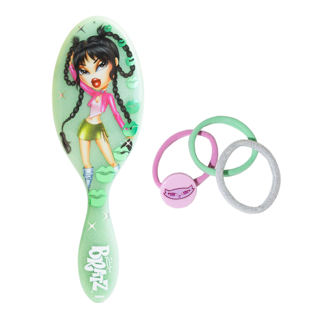 Ensemble Wet Brush Bratz Jade avec brosse démêlante vert menthe et trois élastiques à cheveux rose, vert et argenté.