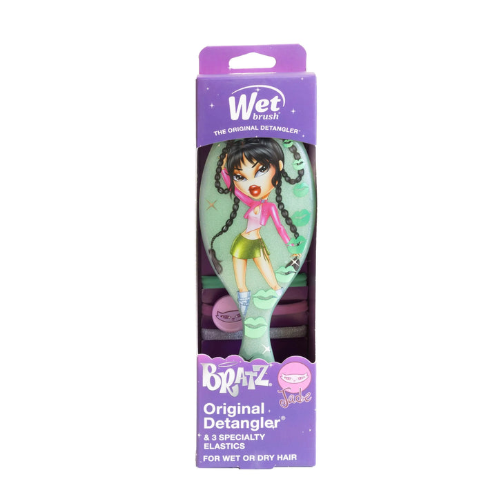 Wet Brush Original Detangler Bratz Jade dans son emballage violet avec brosse vert menthe et trois élastiques inclus.