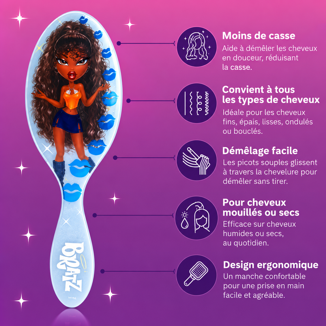 Brosse démêlante Wet Brush Bratz Sasha avec avantages : moins de casse, démêlage facile et utilisation sur cheveux secs ou mouillés.