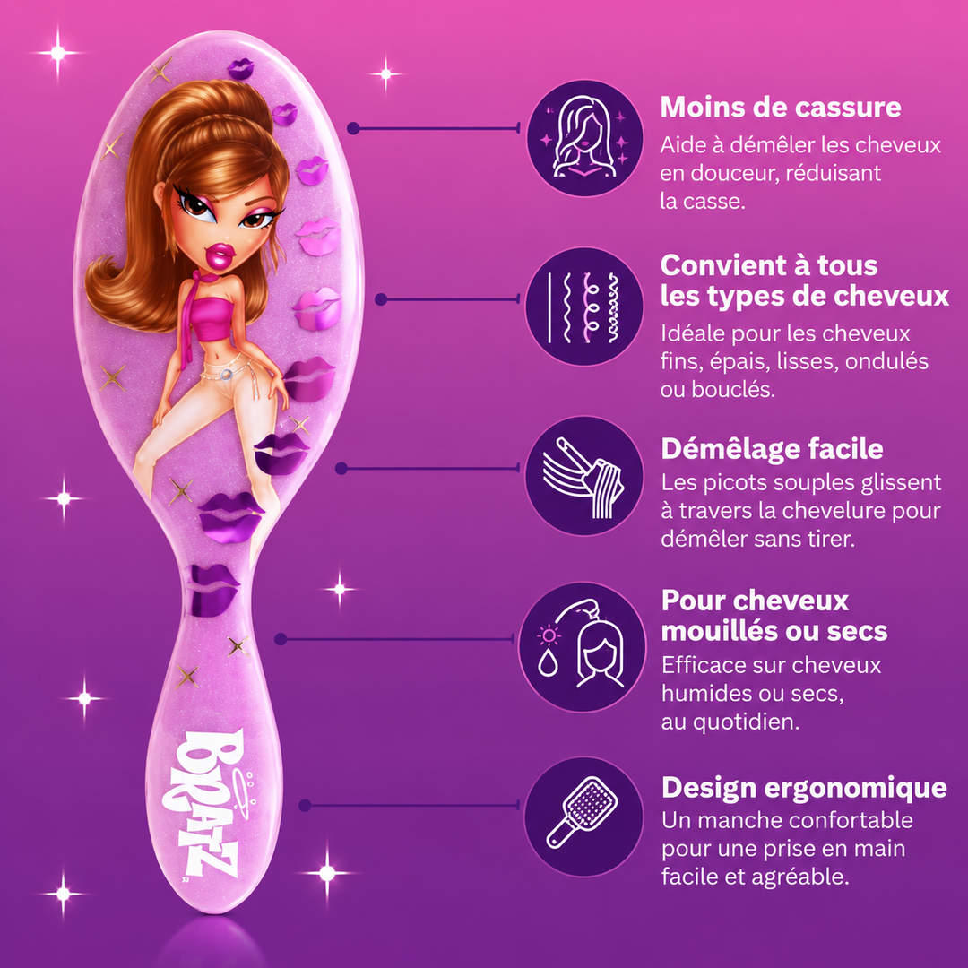 Brosse Wet Brush Yasmin Bratz violette avec présentation de ses avantages : démêlage facile, moins de casse et tous types de cheveux.