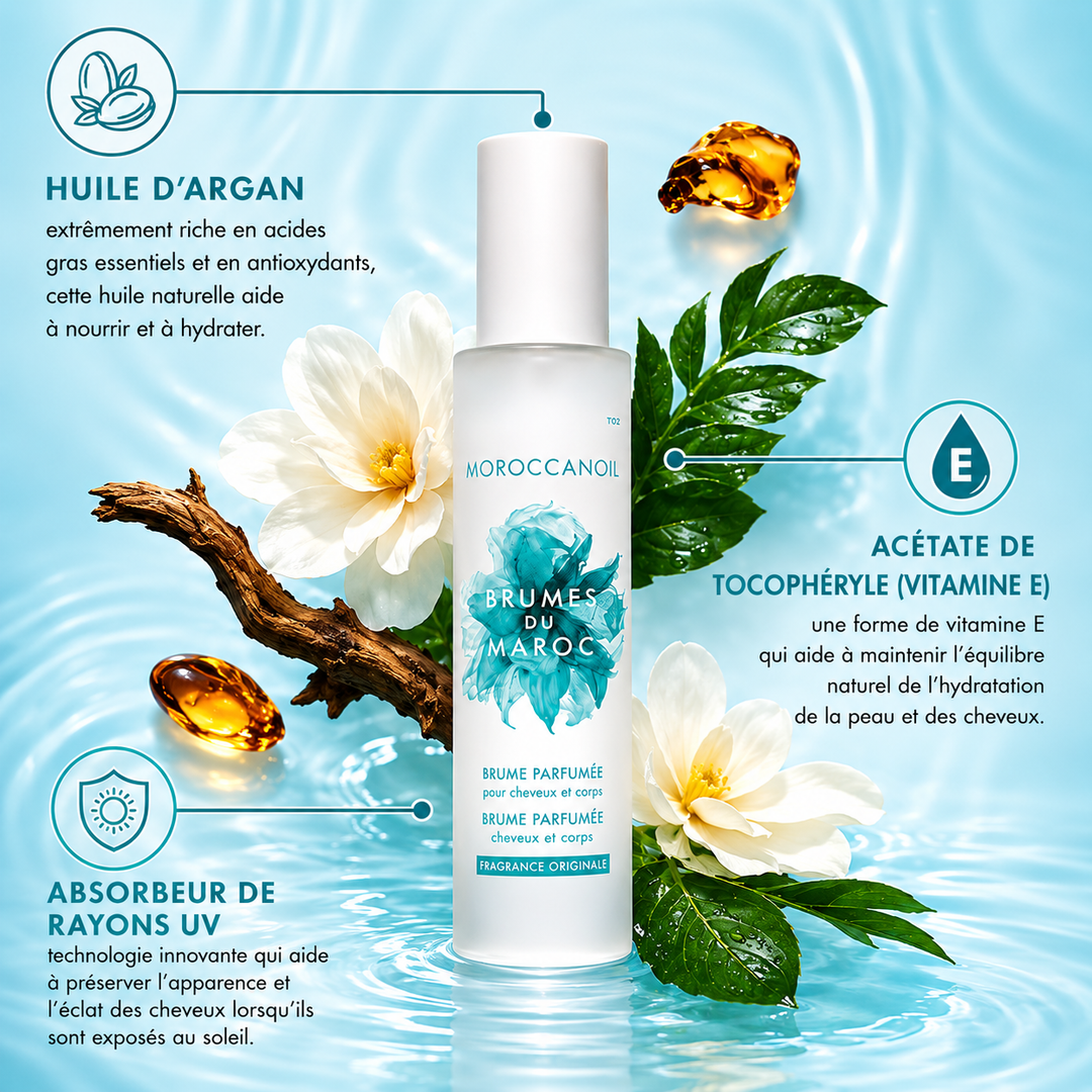 Brume parfumée Moroccanoil Fragrance Originale pour cheveux et corps dans un flacon givré blanc avec fleurs blanches, feuilles vertes et accents ambrés sur fond bleu aquatique.