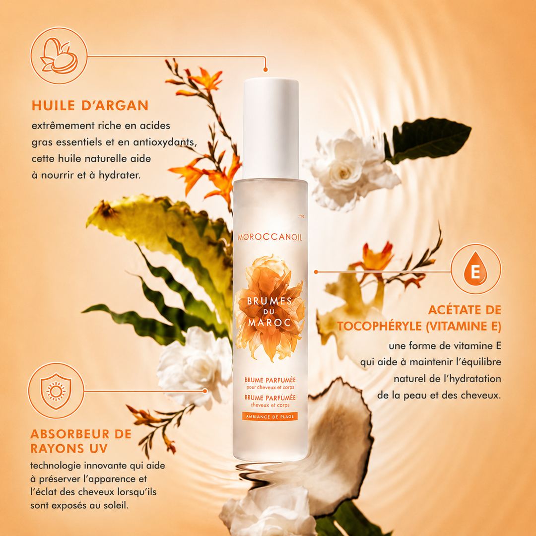 Brume parfumée Moroccanoil Ambiance de Plage dans un flacon blanc givré avec fleurs blanches et feuillage tropical sur fond beige doré avec détails sur l’huile d’argan et la vitamine E.
