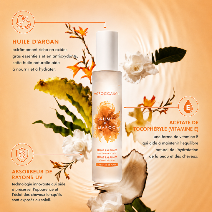 Brume parfumée Moroccanoil Ambiance de Plage dans un flacon blanc givré avec fleurs blanches et feuillage tropical sur fond beige doré avec détails sur l’huile d’argan et la vitamine E.