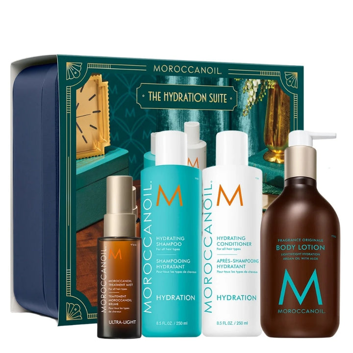 Coffret cadeau Moroccanoil The Hydration Suite vert et bleu marine présentant quatre soins hydratants pour les cheveux et le corps.