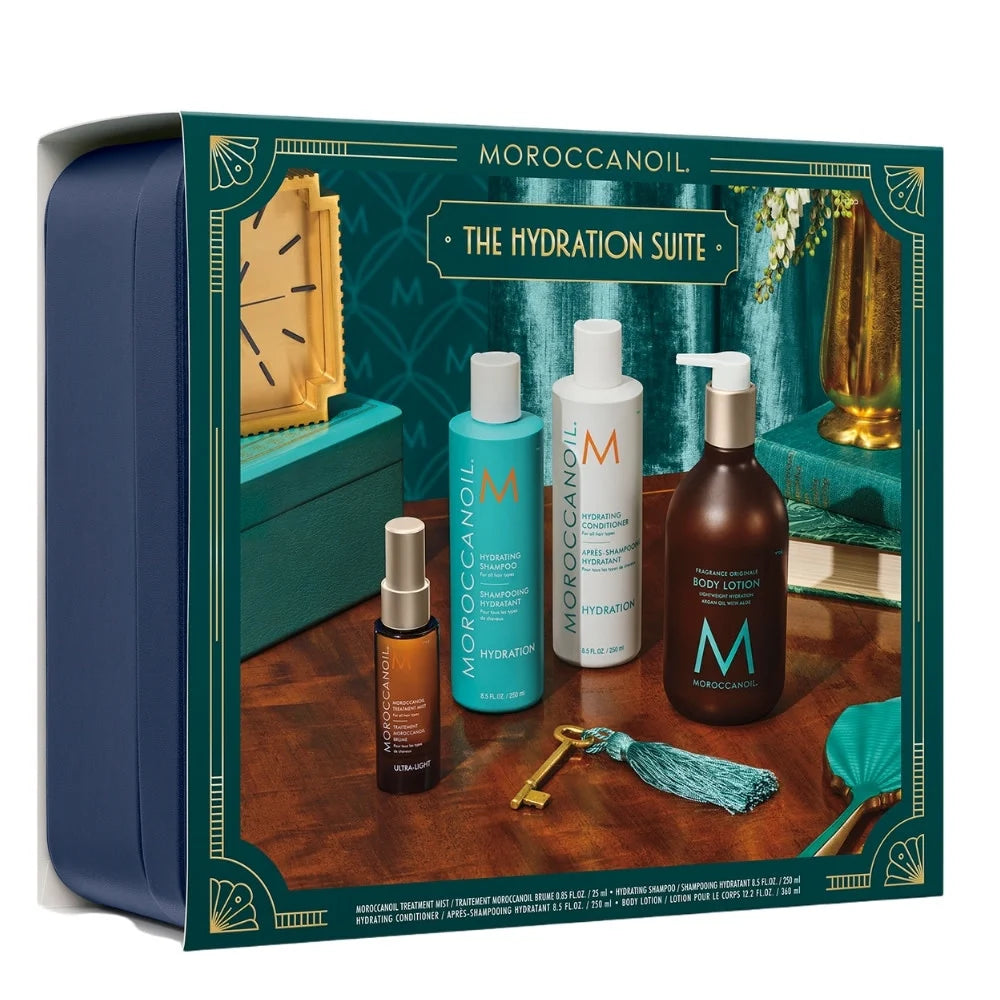 Ensemble Hydratant Moroccanoil avec shampooing et après-shampooing 250 ml, brume Traitement 25 ml, lotion corps 360 ml et coffret bleu marine.