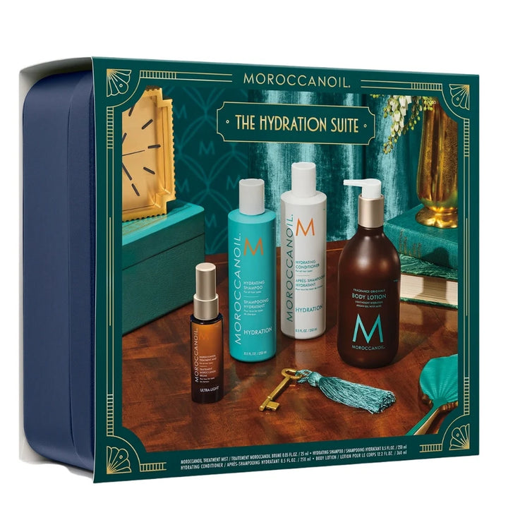 Ensemble Hydratant Moroccanoil avec shampooing et après-shampooing 250 ml, brume Traitement 25 ml, lotion corps 360 ml et coffret bleu marine.