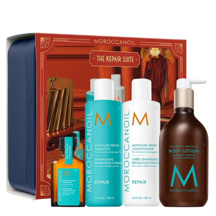 Ensemble Réparateur MOROCCANOIL The Repair Suite avec shampooing et après-shampooing 250 ml, Traitement Moroccanoil 25 ml et lotion corps 360 ml.