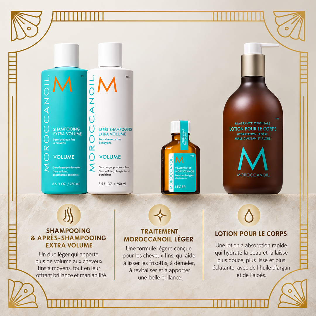 Produits Moroccanoil Ensemble Volume avec shampooing et après-shampooing Extra Volume, Traitement Moroccanoil Léger et lotion pour le corps.