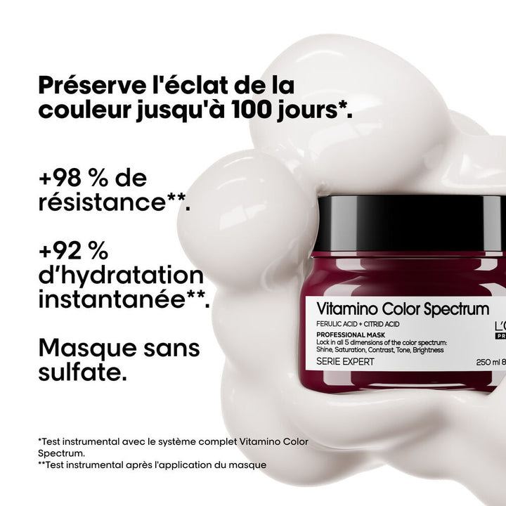 Masque Vitamino Color Spectrum L’Oréal Professionnel 250 ml en pot bordeaux avec couvercle noir, présenté avec une texture crème blanche et ses résultats hydratants.