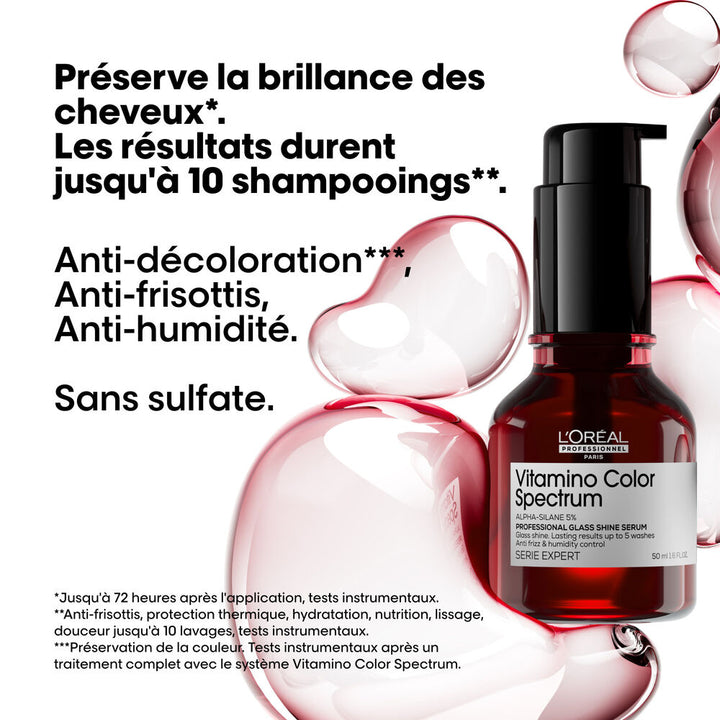 Sérum Glass Shine Vitamino Color Spectrum L’Oréal Professionnel 50 ml, flacon bordeaux à pompe noire entouré de bulles rosées, pour la brillance et les frisottis.