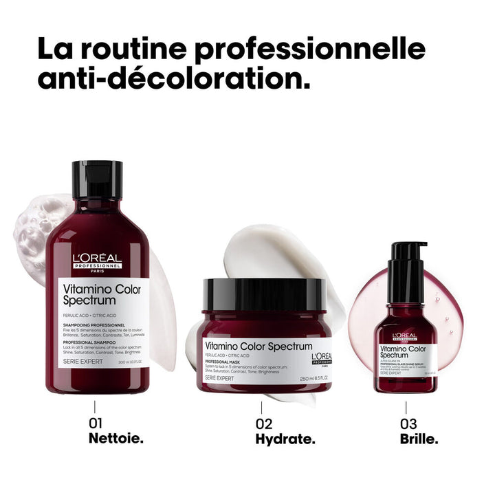 Routine professionnelle Vitamino Color Spectrum L’Oréal Professionnel sur fond blanc : shampoing 300 ml, masque 250 ml et sérum Glass Shine 50 ml.