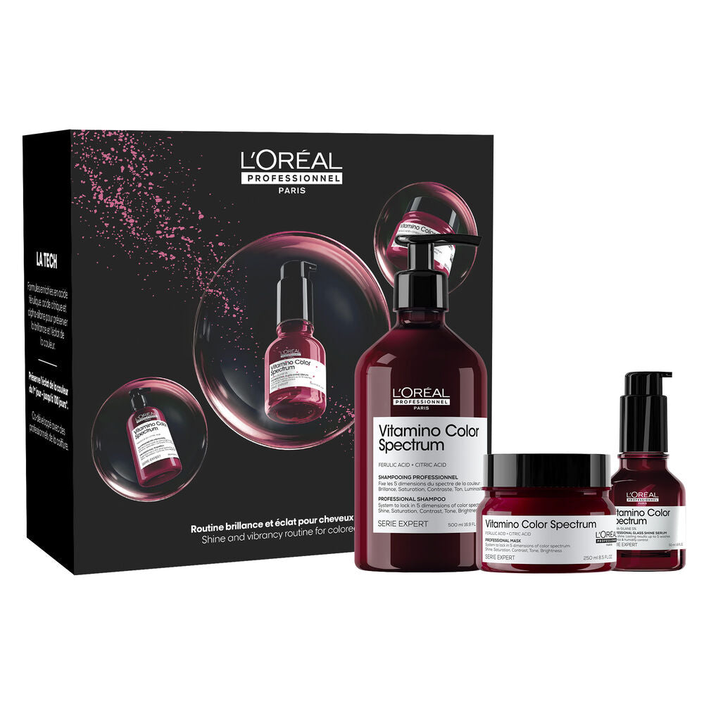 Coffret L’Oréal Professionnel Vitamino Color Spectrum noir et rose avec shampoing 300 ml, masque 250 ml et sérum brillance 50 ml en contenants bordeaux.